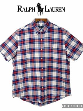 Ralph Lauren classic fit plaid short sleeve shirt size L red blue white